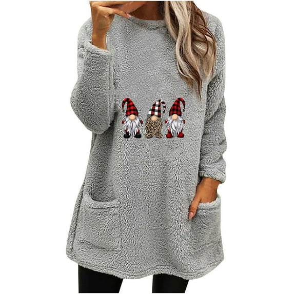 Darzheoy Womens Tops Christmas Plush Thickened Pullover Casual Long Sleeve Comfortable Sweatshirts Solid Color Graphic Fashion Fall Winter Thermal Printed Hoodless Blouses