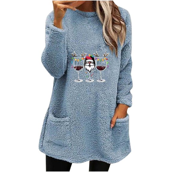 Darzheoy Womens Tops Christmas Plush Thickened Pullover Casual Long Sleeve Comfortable Sweatshirts Solid Color Graphic Fashion Fall Winter Thermal Printed Hoodless Blouses