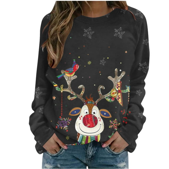 Darzheoy Womens Tops Christmas Printed Hoodless Pullover Round Neck Solid Color Graphic Sweatshirts Casual Long Sleeve Loose Fall Winter Comfortable Trendy Blouses