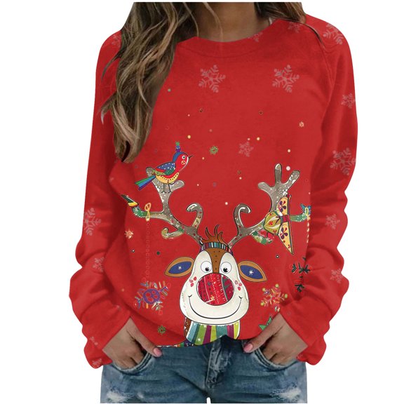 Darzheoy Womens Tops Christmas Printed Hoodless Pullover Round Neck Solid Color Graphic Sweatshirts Casual Long Sleeve Loose Fall Winter Comfortable Trendy Blouses