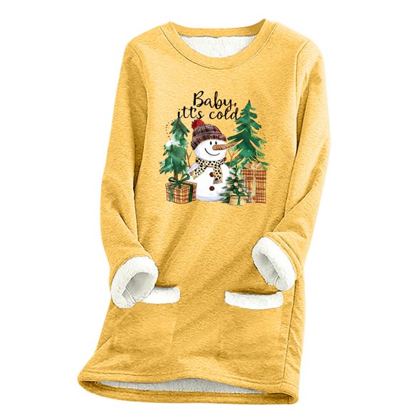 Darzheoy Womens Tops Christmas Printed Pullover Fall Winter Solid Color Graphic Round Neck Sweatshirts Long Sleeve Plush Drop Shoulder Thermal Loose Blouses