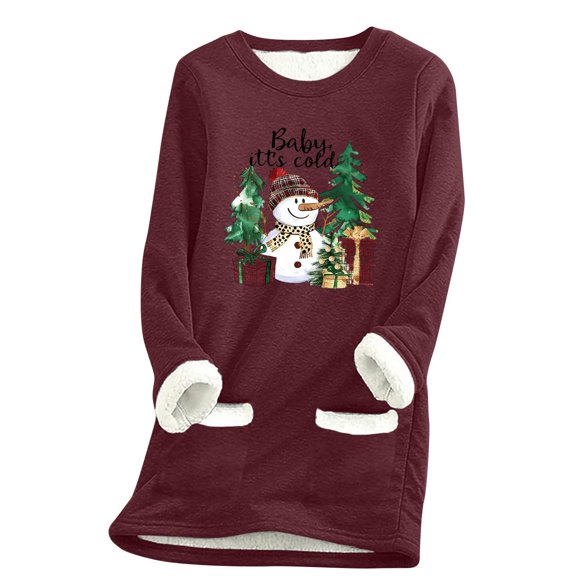 Darzheoy Womens Tops Christmas Printed Pullover Fall Winter Solid Color Graphic Round Neck Sweatshirts Long Sleeve Plush Drop Shoulder Thermal Loose Blouses