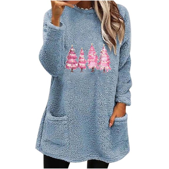 Darzheoy Womens Tops Christmas Pullover Loose Thickened Thermal Pocket Versatile Sweatshirts Fall Winter Fashion Thermal Printed Long Sleeve Blouses