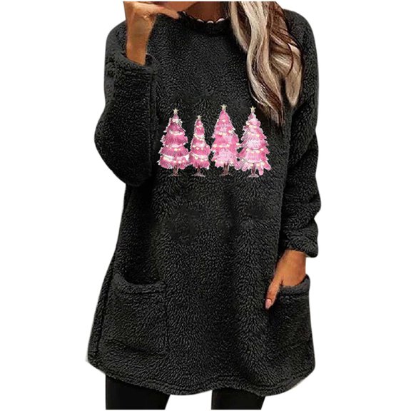Darzheoy Womens Tops Christmas Pullover Loose Thickened Thermal Pocket Versatile Sweatshirts Fall Winter Fashion Thermal Printed Long Sleeve Blouses