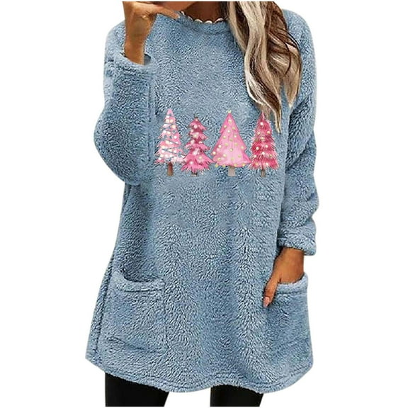 Darzheoy Womens Tops Christmas Pullover Loose Thickened Thermal Pocket Versatile Sweatshirts Fall Winter Fashion Thermal Printed Long Sleeve Blouses