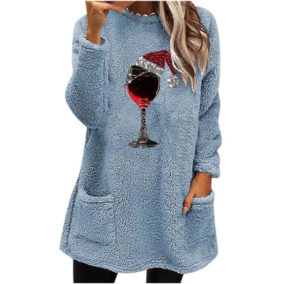 Darzheoy Womens Tops Christmas Pullover Loose Thickened Thermal Pocket Versatile Sweatshirts Fall Winter Fashion Thermal Printed Long Sleeve Blouses