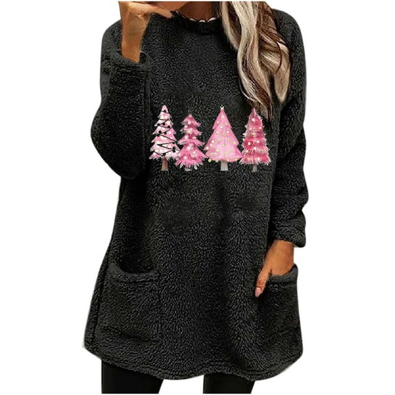 Darzheoy Womens Tops Christmas Pullover Loose Thickened Thermal Pocket Versatile Sweatshirts Fall Winter Fashion Thermal Printed Long Sleeve Blouses