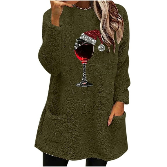 Darzheoy Womens Tops Christmas Pullover Loose Thickened Thermal Pocket Versatile Sweatshirts Fall Winter Fashion Thermal Printed Long Sleeve Blouses