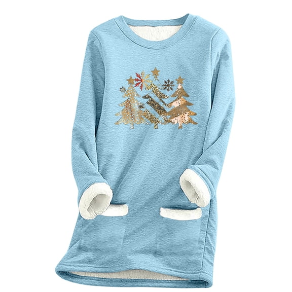 Darzheoy Womens Tops Christmas Pullover Thickened Plush Long Sleeve Printed Sweatshirts Hoodless Fall Winter Plus Size Round Neck Loose Thermal Blouses