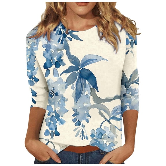 Darzheoy Womens Tops Comfortable Fall Plus Size Floral Printed Round Neck Sweatshirts Loose Trendy Fashion Casual Mid-Length 3/4 Sleeve Blouses
