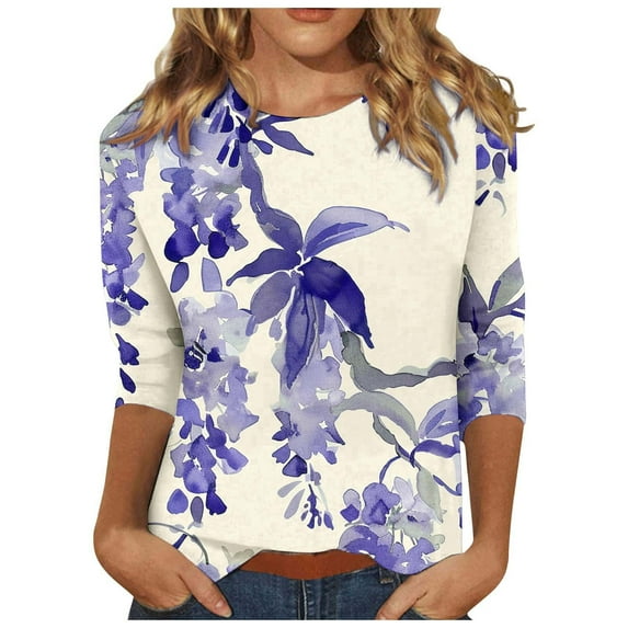 Darzheoy Womens Tops Comfortable Fall Plus Size Floral Printed Round Neck Sweatshirts Loose Trendy Fashion Casual Mid-Length 3/4 Sleeve Blouses