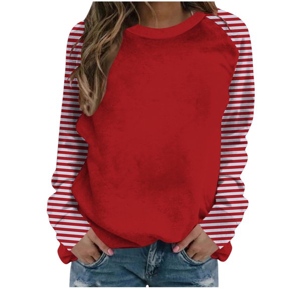 Darzheoy Womens Tops Comfortable Hoodless Casual Long Sleeve Stripped Printed Sweatshirts Round Neck Color Block Fall Pullover Versatile Fashion Blouses