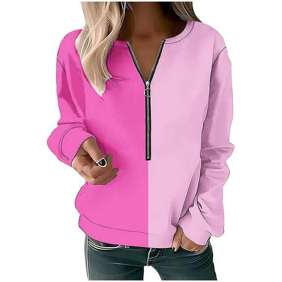 Darzheoy Womens Tops Comfortable Patchwork Color Long Sleeve Printed Sweatshirts Seamless Pullover Casual Fall Zipper Blouses T-Shirt
