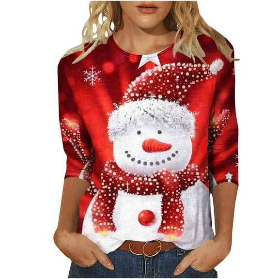 Darzheoy Womens Tops Drop Shoulder Hoodless Seamless Casual Lightweight Sweatshirts Loungewear Christmas Printed Mid-Length 3/4 Sleeve Blouses