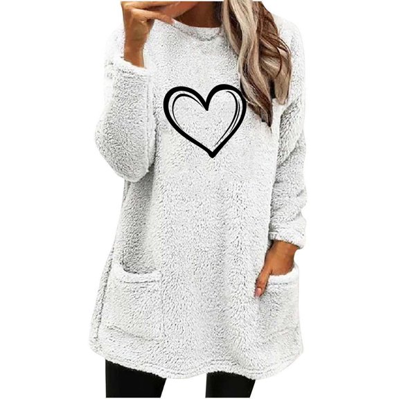 Darzheoy Womens Tops Fall Winter Drop Shoulder Long Sleeve Plus Size Solid Color Graphic Sweatshirts Pocket Plush Thickened Printed Round Neck Casual Blouses
