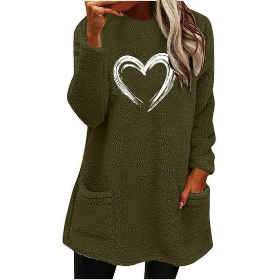 Darzheoy Womens Tops Fall Winter Drop Shoulder Long Sleeve Plus Size Solid Color Graphic Sweatshirts Pocket Plush Thickened Printed Round Neck Casual Blouses