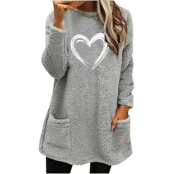 Darzheoy Womens Tops Fall Winter Drop Shoulder Long Sleeve Plus Size Solid Color Graphic Sweatshirts Pocket Plush Thickened Printed Round Neck Casual Blouses