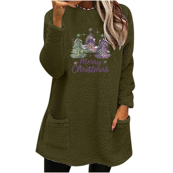 Darzheoy Womens Tops Fall Winter Thermal Drop Shoulder Pullover Thickened Sweatshirts Hoodless Printed Solid Color Pocket Plush Christmas Long Sleeve Blouses