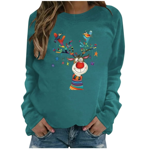 Darzheoy Womens Tops Fashion Christmas Printed Round Neck Loose Comfortable Sweatshirts Lightweight Loungewear Hoodless Versatile Long Sleeve Blouses