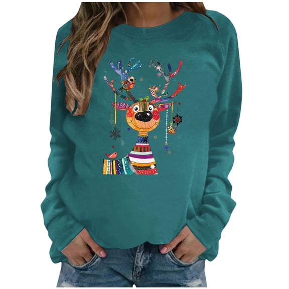 Darzheoy Womens Tops Fashion Christmas Printed Round Neck Loose Comfortable Sweatshirts Lightweight Loungewear Hoodless Versatile Long Sleeve Blouses