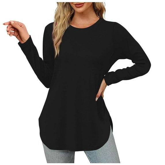 Darzheoy Womens Tops Fashion Drop Shoulder Lightweight Hoodless Round Neck T-Shirt Trendy Fall Long Sleeve Solid Color Loose Pullover Casual Blouses