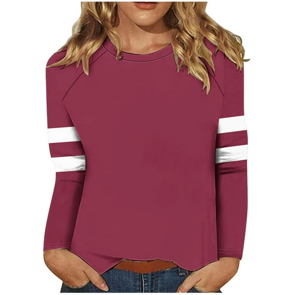 Darzheoy Womens Tops Hoodless Round Neck Casual Loose Pullover Sweatshirts Lightweight Solid Color Stripped Fall Winter Long Sleeve Blouses
