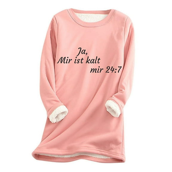 Darzheoy Womens Tops Letter Printed Solid Color Plush Thickened Casual Pullover Fall Winter Sweatshirts Thermal Pocket Loose Long Sleeve Blouses