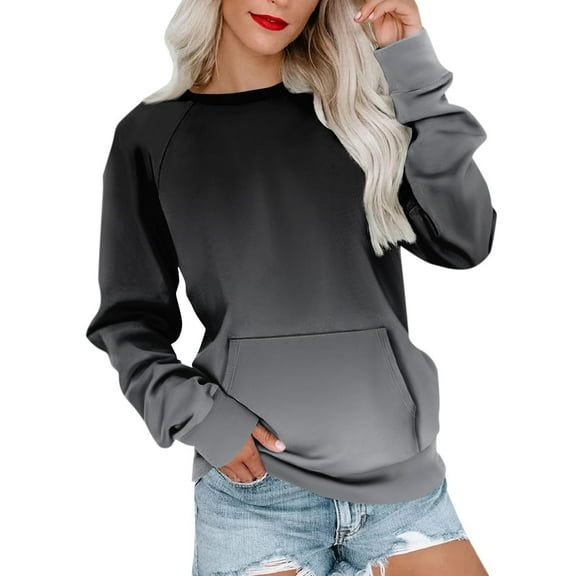 Darzheoy Womens Tops Long Sleeve Hoodless Round Neck Drop Shoulder Pullover Sweatshirts Gradient Color Fall Winter Printed Casual Loose Blouses