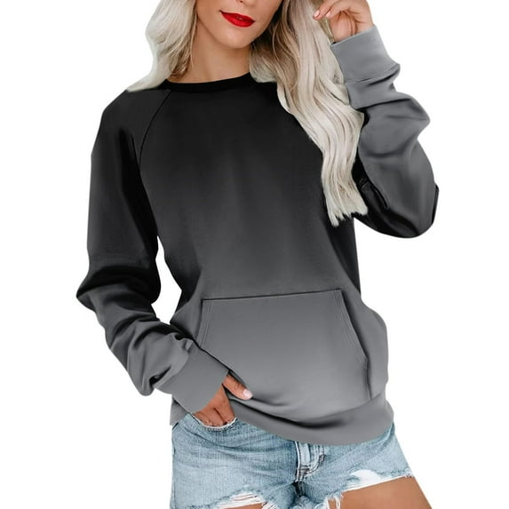 Darzheoy Womens Tops Long Sleeve Hoodless Round Neck Drop Shoulder Pullover Sweatshirts Gradient Color Fall Winter Printed Casual Loose Blouses