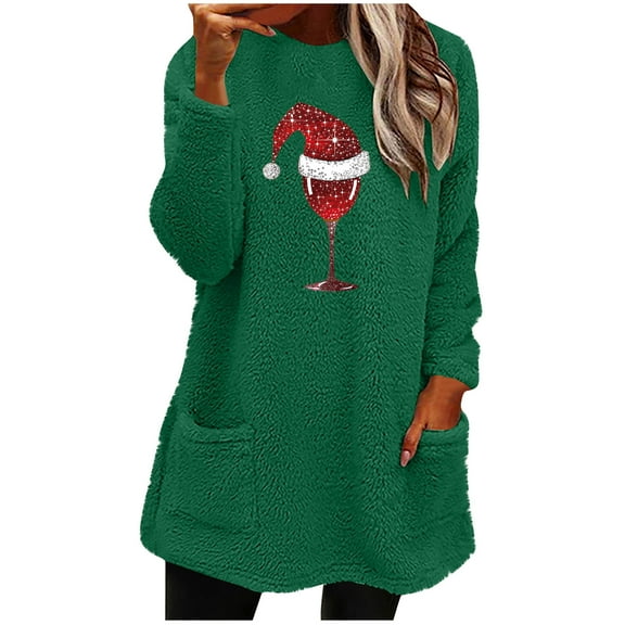 Darzheoy Womens Tops Long Sleeve Plus Size Christmas Pullover Casual Sweatshirts Round Neck Solid Color Graphic Plush Thickened Loose Fall Winter Thermal Blouses