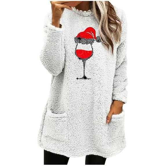 Darzheoy Womens Tops Long Sleeve Plus Size Christmas Pullover Casual Sweatshirts Round Neck Solid Color Graphic Plush Thickened Loose Fall Winter Thermal Blouses