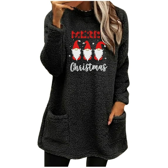 Darzheoy Womens Tops Long Sleeve Plus Size Christmas Pullover Casual Sweatshirts Round Neck Solid Color Graphic Plush Thickened Loose Fall Winter Thermal Blouses