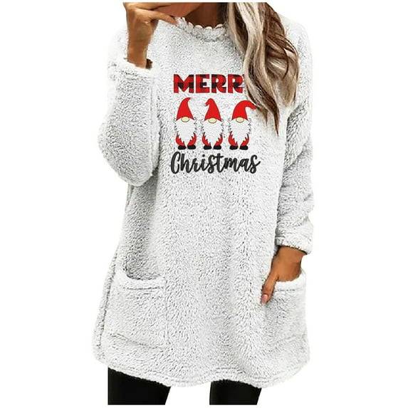 Darzheoy Womens Tops Long Sleeve Plus Size Christmas Pullover Casual Sweatshirts Round Neck Solid Color Graphic Plush Thickened Loose Fall Winter Thermal Blouses