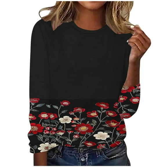 Darzheoy Womens Tops Long Sleeve Seamless Loose Drop Shoulder Printed Sweatshirts Fall Winter Solid Color Round Neck Hoodless Plus Size Blouses