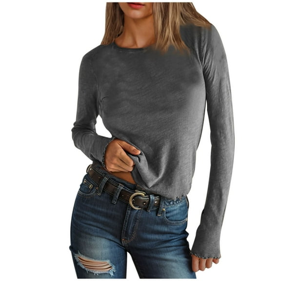Darzheoy Womens Tops Long Sleeve Solid Color Slim Fall Round Neck Sweatshirts Pullover Hoodless Trendy Drop Shoulder Blouses