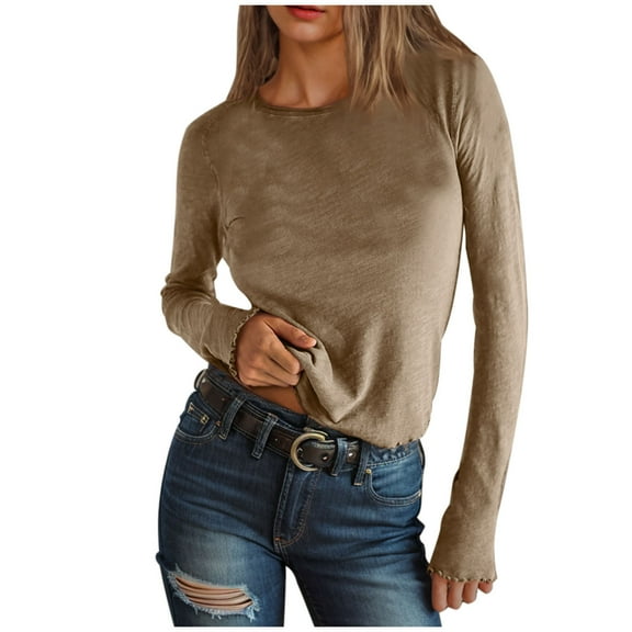 Darzheoy Womens Tops Long Sleeve Solid Color Slim Fall Round Neck Sweatshirts Pullover Hoodless Trendy Drop Shoulder Blouses