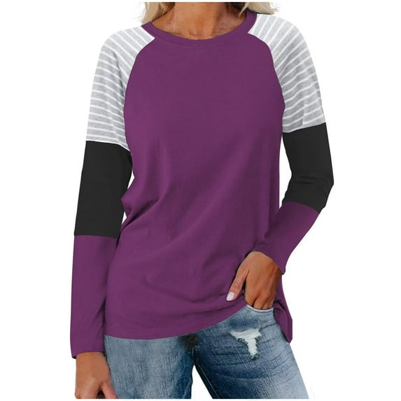 Darzheoy Womens Tops Loose Fall Winter Pullover Round Neck Casual Sweatshirts Thermal Hoodless Patchwork Color Comfortable Trendy Blouses