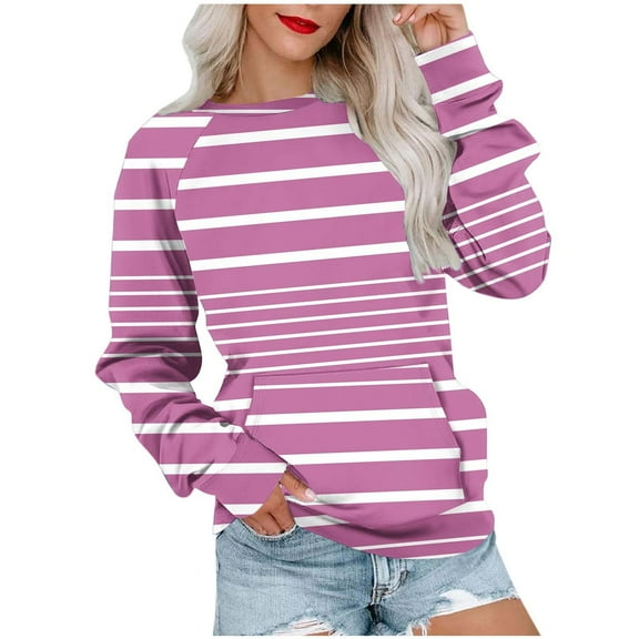 Darzheoy Womens Tops Loose Hoodless Solid Color Stripped Seamless Pullover Sweatshirts Printed Long Sleeve Round Neck Fall Winter Blouses