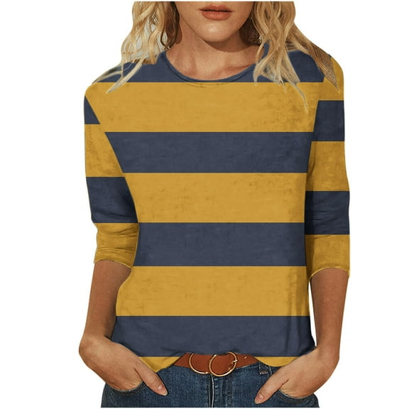 Darzheoy Womens Tops Mid-Length 3/4 Sleeve Lightweight Stripped Printed Patchwork Color Hoodless Sweatshirts Fall Pullover Fashion Blouses