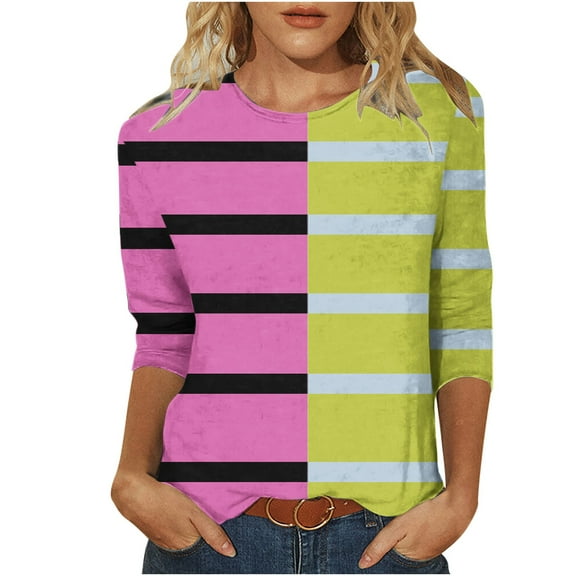 Darzheoy Womens Tops Mid-Length 3/4 Sleeve Lightweight Stripped Printed Patchwork Color Hoodless Sweatshirts Fall Pullover Fashion Blouses