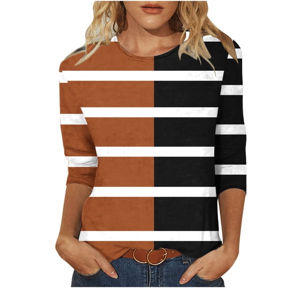 Darzheoy Womens Tops Mid-Length 3/4 Sleeve Lightweight Stripped Printed Patchwork Color Hoodless Sweatshirts Fall Pullover Fashion Blouses