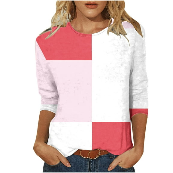Darzheoy Womens Tops Mid-Length 3/4 Sleeve Lightweight Stripped Printed Patchwork Color Hoodless Sweatshirts Fall Pullover Fashion Blouses