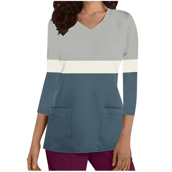 Darzheoy Womens Tops Plus Size V-Neck Mid-Length 3/4 Sleeve Casual Sweatshirts Loose Fall Drop Shoulder Patchwork Color Graphic Blouses