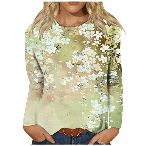 Darzheoy Womens Tops Printed Fall Versatile Floral Loose Long Sleeve Pullover T-Shirt Solid Color Graphic Hoodless Round Neck Blouses