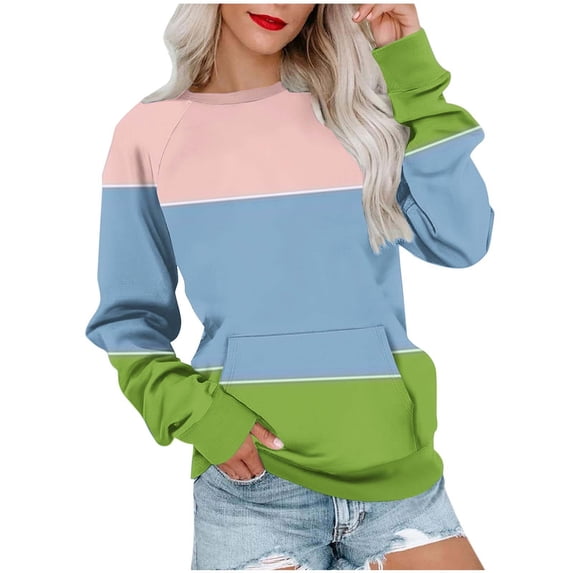 Darzheoy Womens Tops Pullover Casual Round Neck Versatile Patchwork Color Sweatshirts Raglan Sleeve Loose Loungewear Long Sleeve Blouses