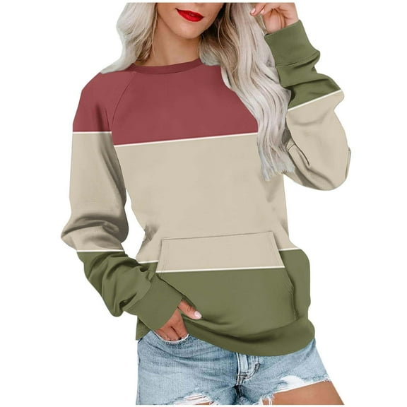 Darzheoy Womens Tops Pullover Casual Round Neck Versatile Patchwork Color Sweatshirts Raglan Sleeve Loose Loungewear Long Sleeve Blouses