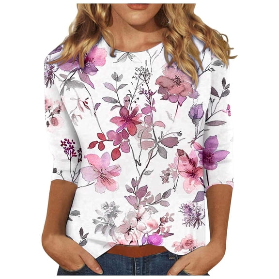 Darzheoy Womens Tops Pullover Round Neck Hoodless Solid Color Graphic Loose Sweatshirts Fall Floral Printed Thermal Comfortable Fashion Mid-Length 3/4 Sleeve Blouses