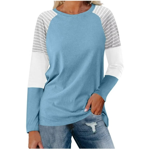 Darzheoy Womens Tops Round Neck Fall Winter Long Sleeve Casual Trendy Sweatshirts Pullover Drop Shoulder Loose Loungewear Patchwork Color Blouses