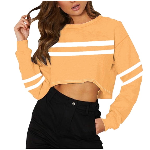 Darzheoy Womens Tops Round Neck Long Sleeve Stripped Solid Color Fall Winter Pullover Sweatshirts Cropped Comfortable Trendy Hoodless Versatile Blouses