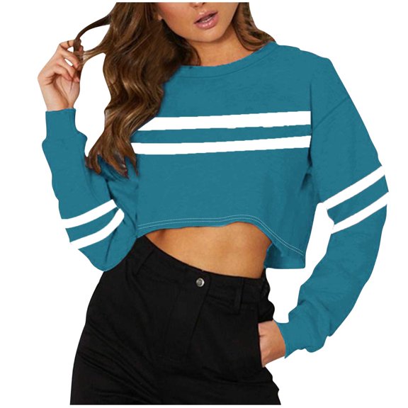 Darzheoy Womens Tops Round Neck Long Sleeve Stripped Solid Color Fall Winter Pullover Sweatshirts Cropped Comfortable Trendy Hoodless Versatile Blouses